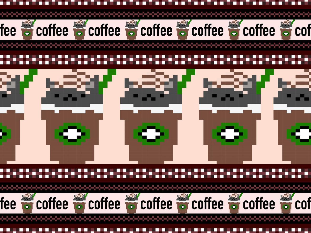 modello senza cuciture del personaggio dei cartoni animati del caffè su stile marrone background.pixel vettore