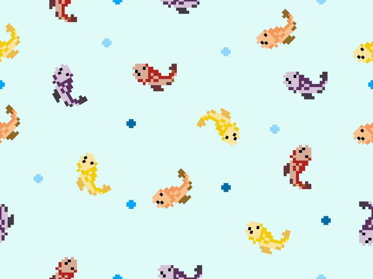 modello senza cuciture del personaggio dei cartoni animati di pesce su stile background.pixel blu vettore