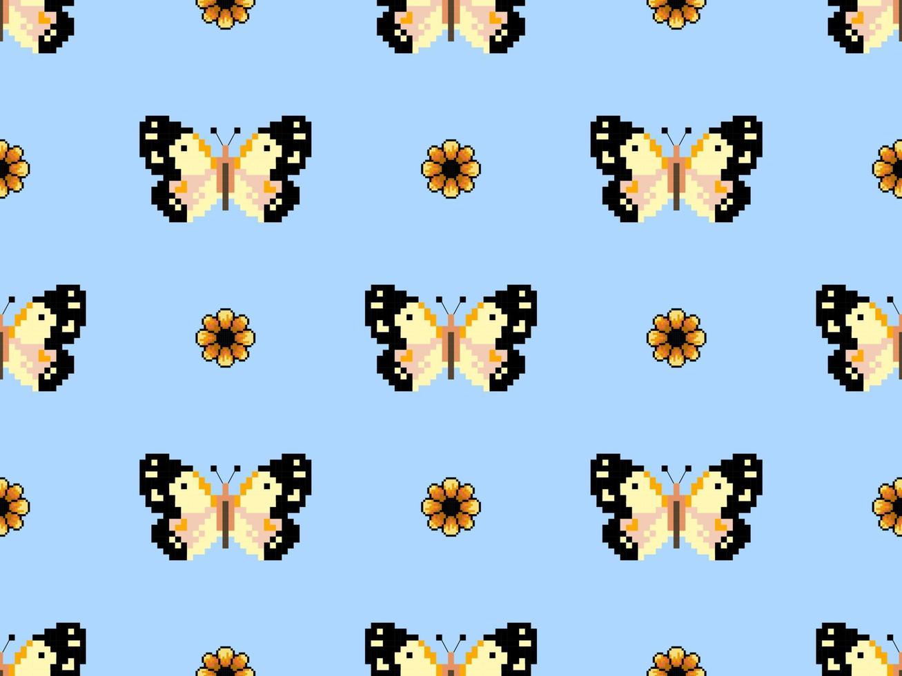 modello senza cuciture del personaggio dei cartoni animati della farfalla su stile background.pixel blu vettore