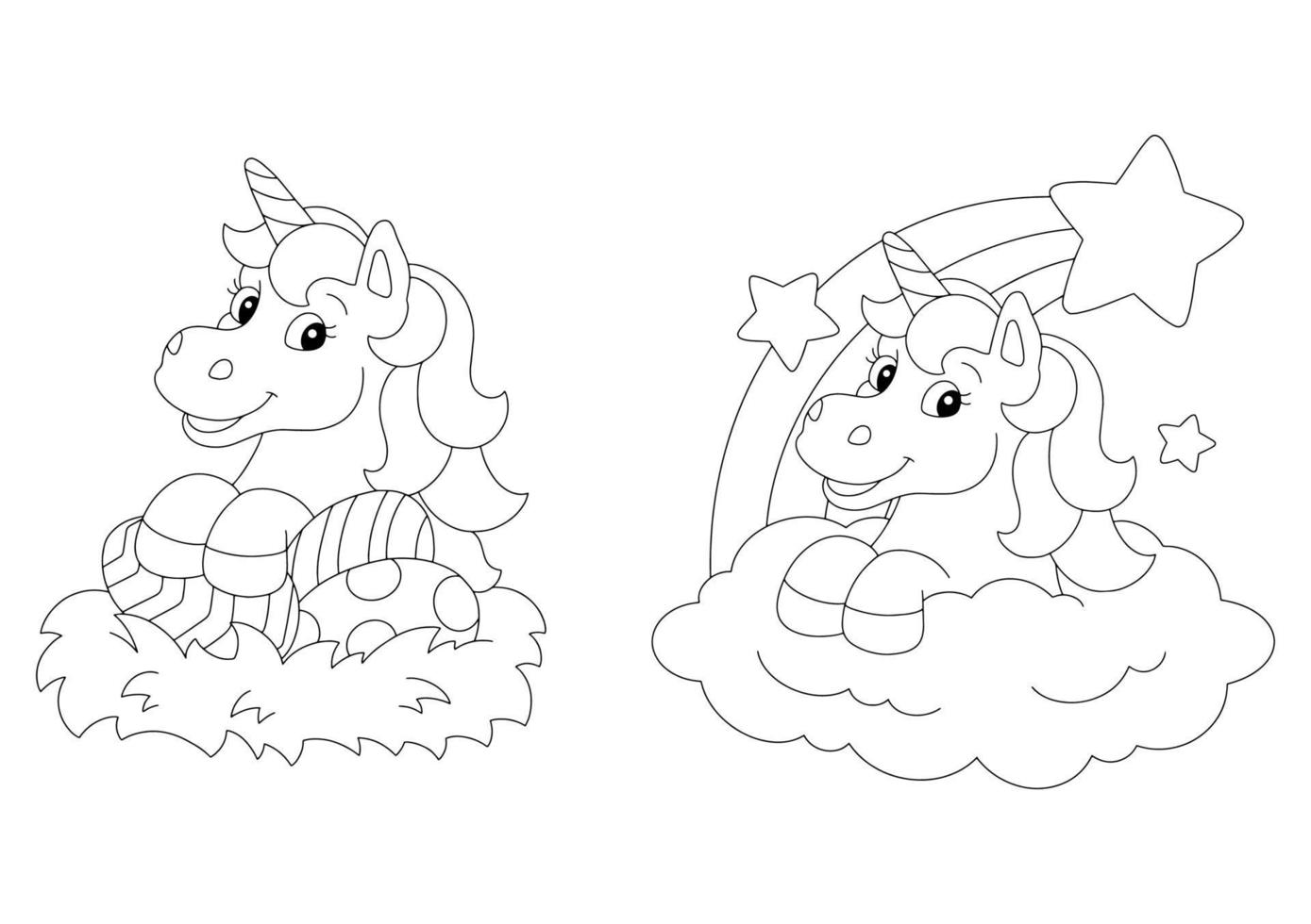 pasqua e magico unicorno. pagina del libro da colorare per bambini. personaggio in stile cartone animato. illustrazione vettoriale isolato su sfondo bianco.