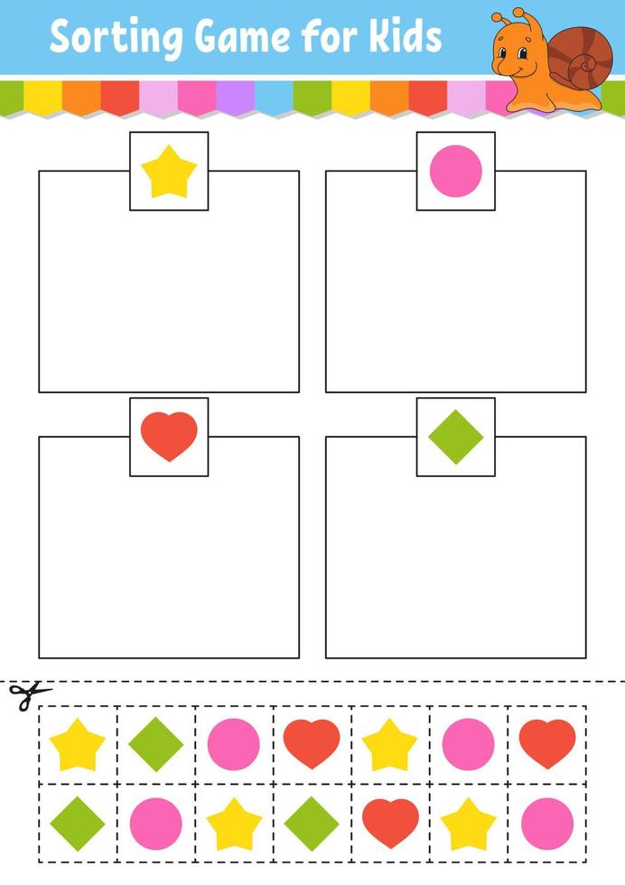 gioco di smistamento per bambini. taglia e incolla. foglio di lavoro per lo sviluppo dell'istruzione. gioco di abbinamento per bambini. pagina attività a colori. puzzle per bambini. personaggio carino. illustrazione vettoriale. stile cartone animato. vettore