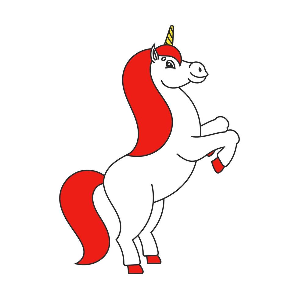 il magico unicorno si impennò. il cavallo animale si erge sulle zampe posteriori. stile cartone animato. semplice illustrazione vettoriale piatto.