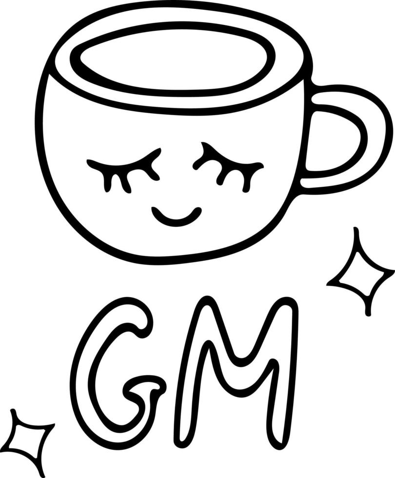 tazza, stelle e lettering gm disegnati a mano in stile doodle. composizione monocromatica scandinava. buongiorno, boccale, bevanda, tè, caffè, hygge, accogliente, casa. modello per biglietto di auguri di design, poster adesivo vettore