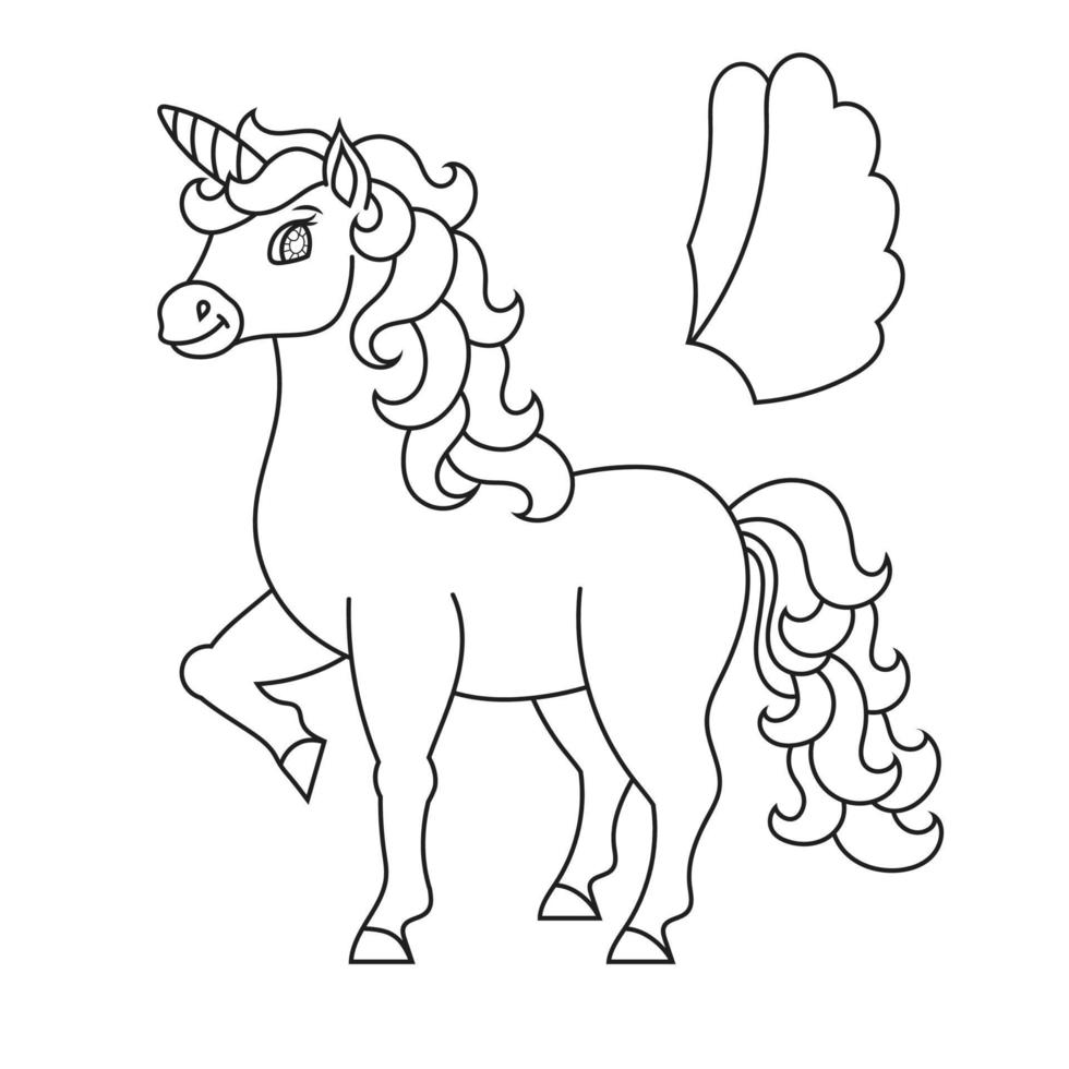 simpatico unicorno con le ali. cavallo magico fata. pagina del libro da colorare per bambini. stile cartone animato. illustrazione vettoriale isolato su sfondo bianco.