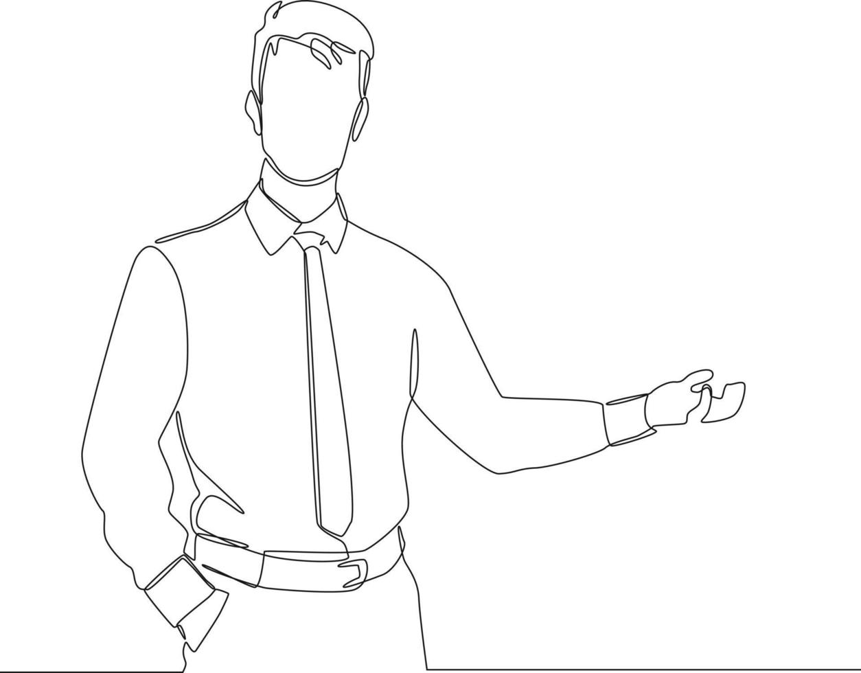disegno a linea continua di un giovane uomo d'affari che presenta qualcosa con una mano in tasca e la presentazione della mano. illustrazione vettoriale. vettore