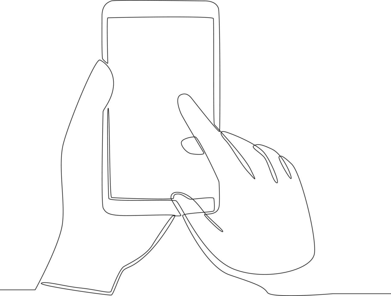 disegno a linea continua del dito puntato sullo schermo del telefono cellulare. le mani delle persone usando lo smartphone. illustrazione vettoriale. vettore