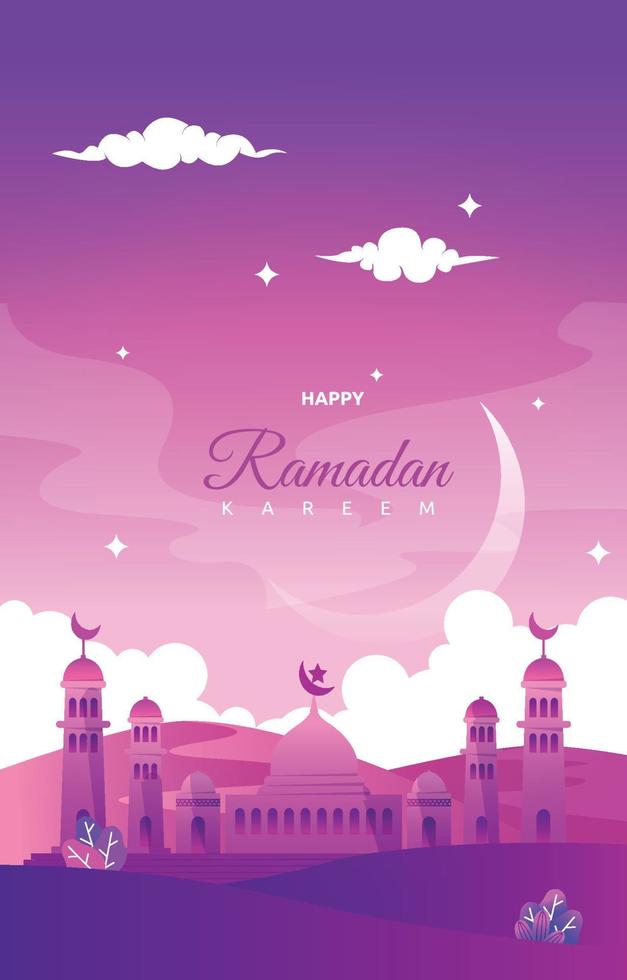 modello di progettazione di vettore del cielo notturno della moschea della cartolina d'auguri del ramadan kareem