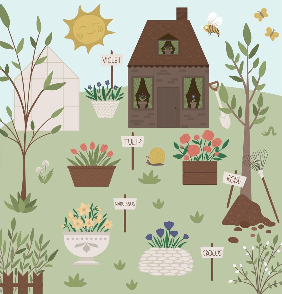 illustrazione vettoriale del giardino con aiuole con targhette. scena primaverile piatta con una fattoria o una casa di campagna con alberi, panca, serra, sole, attrezzature da giardinaggio.