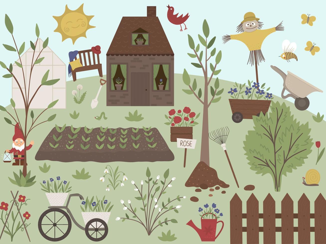 illustrazione vettoriale di giardino con strumenti, fiori, erbe aromatiche, piante. scena primaverile piatta con una fattoria o una casa di campagna con alberi, panca, serra, sole, attrezzature da giardinaggio.