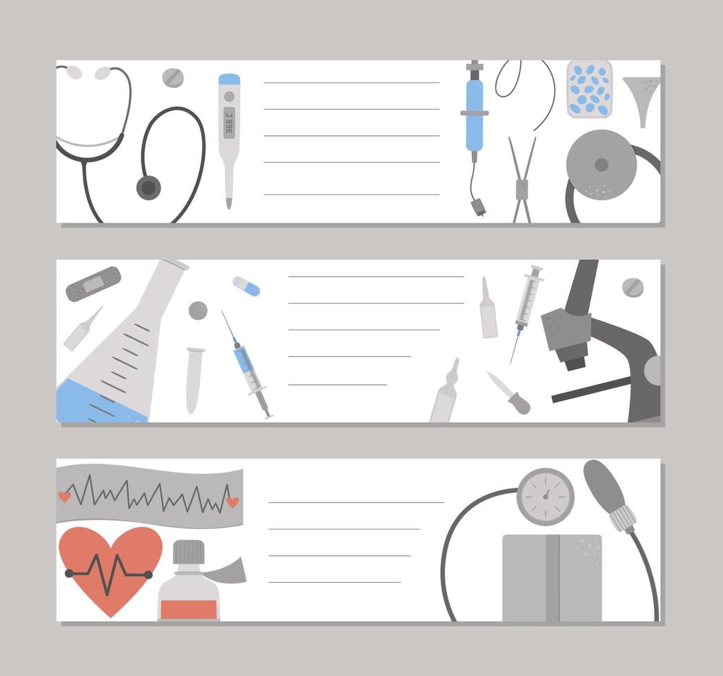 set di modelli di carte di layout orizzontale di medicina vettoriale. brochure, volantini, striscioni prefabbricati con elementi medici simpatici cartoni animati. illustrazione piatta di assistenza sanitaria. vettore