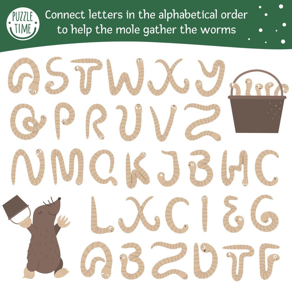 gioco di abc primaverile con simpatici personaggi. attività del labirinto dell'alfabeto del giardino per bambini in età prescolare. scegli le lettere dalla a alla z per aiutare la talpa a raccogliere i vermi. vettore