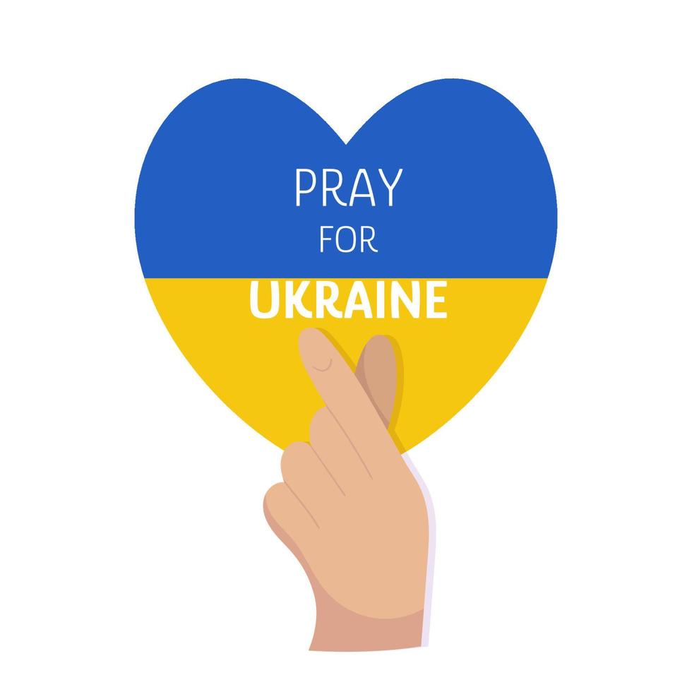 prega per l'ucraina su sfondo di cuore giallo e blu. gesto del cuore coreano. amo l'ucraina, nessuna illustrazione di supporto alla guerra. vettore