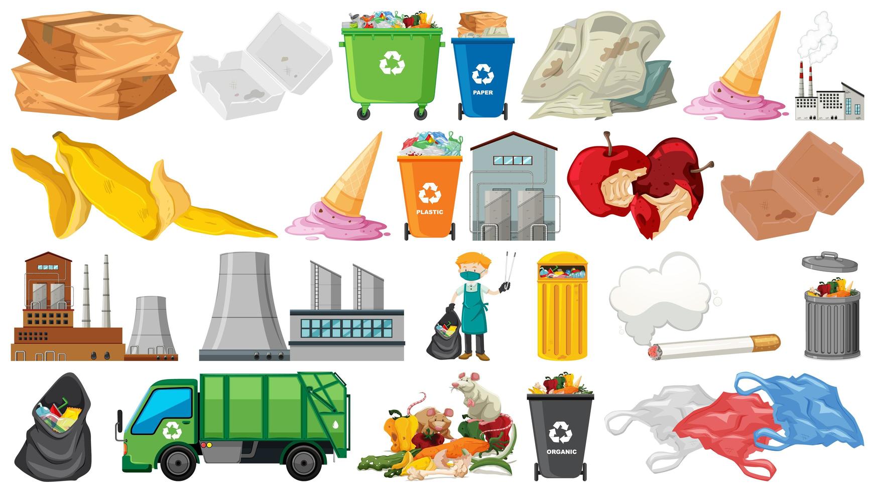 Raccolta di oggetti a tema spazzatura e inquinamento vettore