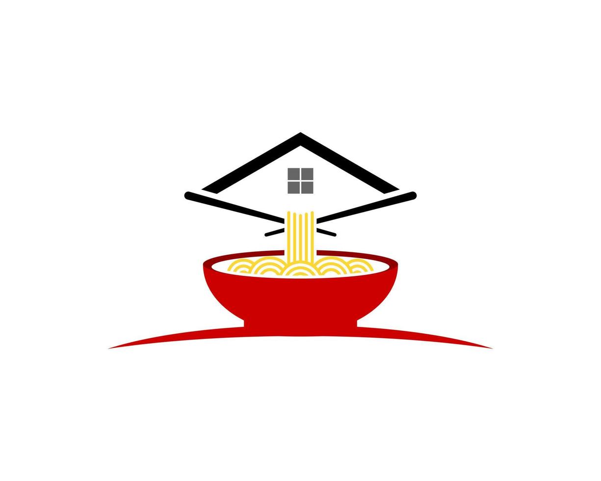 ramen nella ciotola rossa con la casa sul tetto in cima vettore