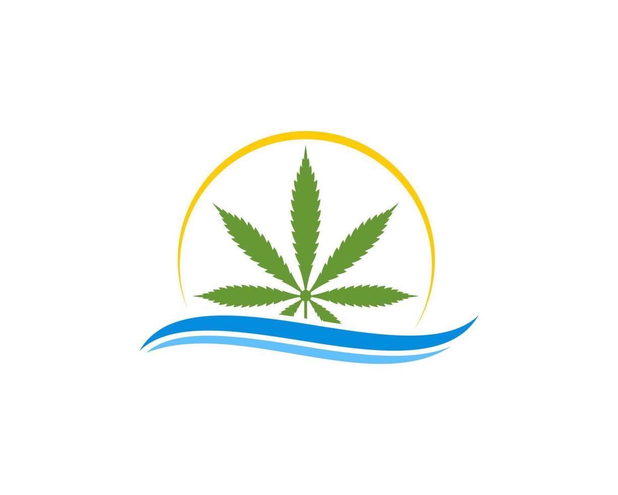 foglia di cannabis sul logo delle onde del mare vettore