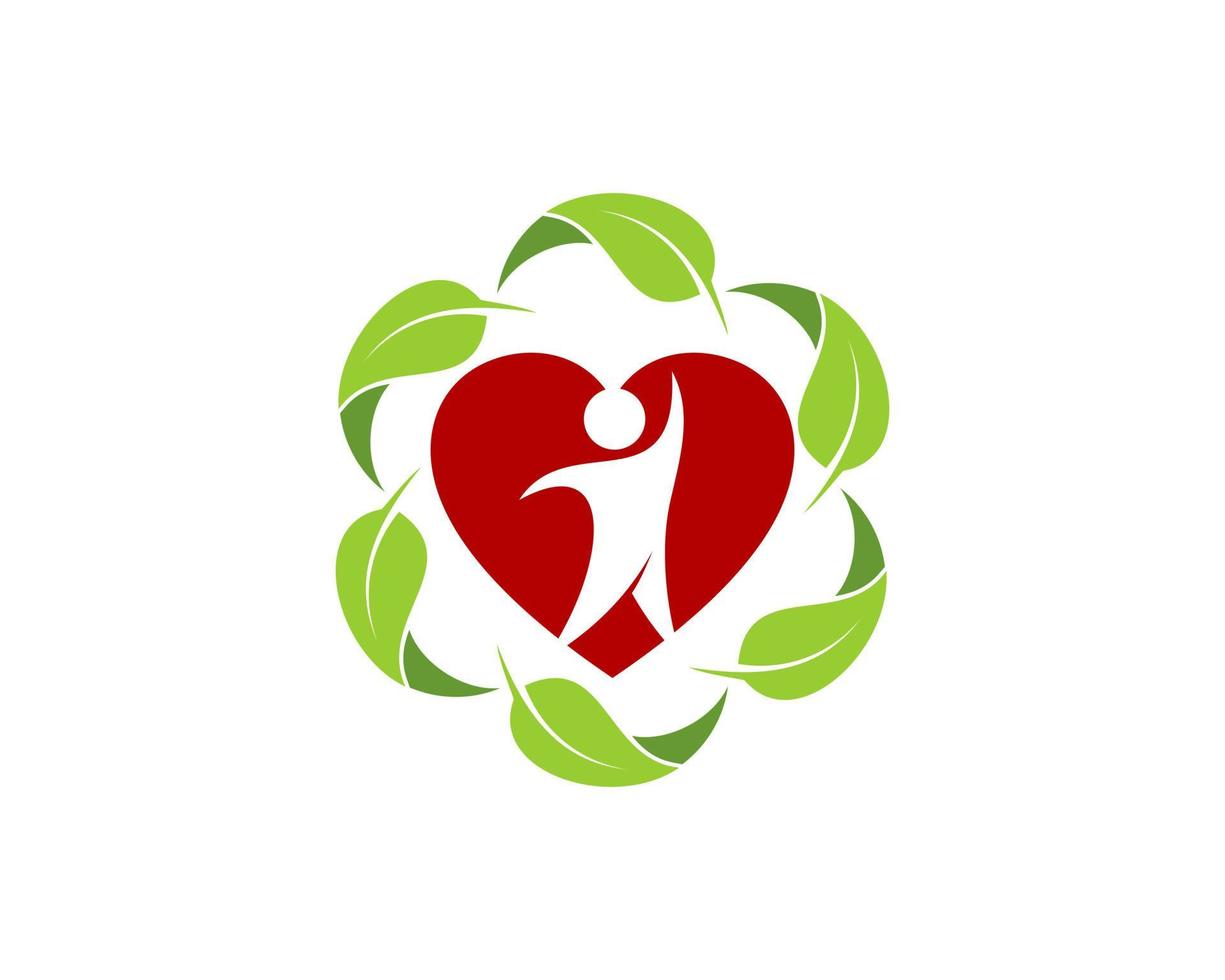 cuore e persone all'interno del logo della foglia del cerchio vettore