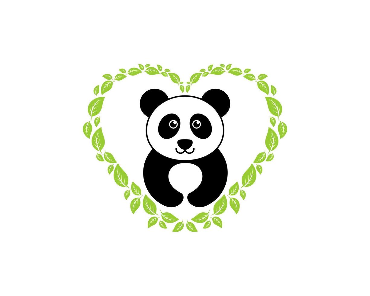 forma d'amore con foglia verde naturale con simpatico panda all'interno vettore