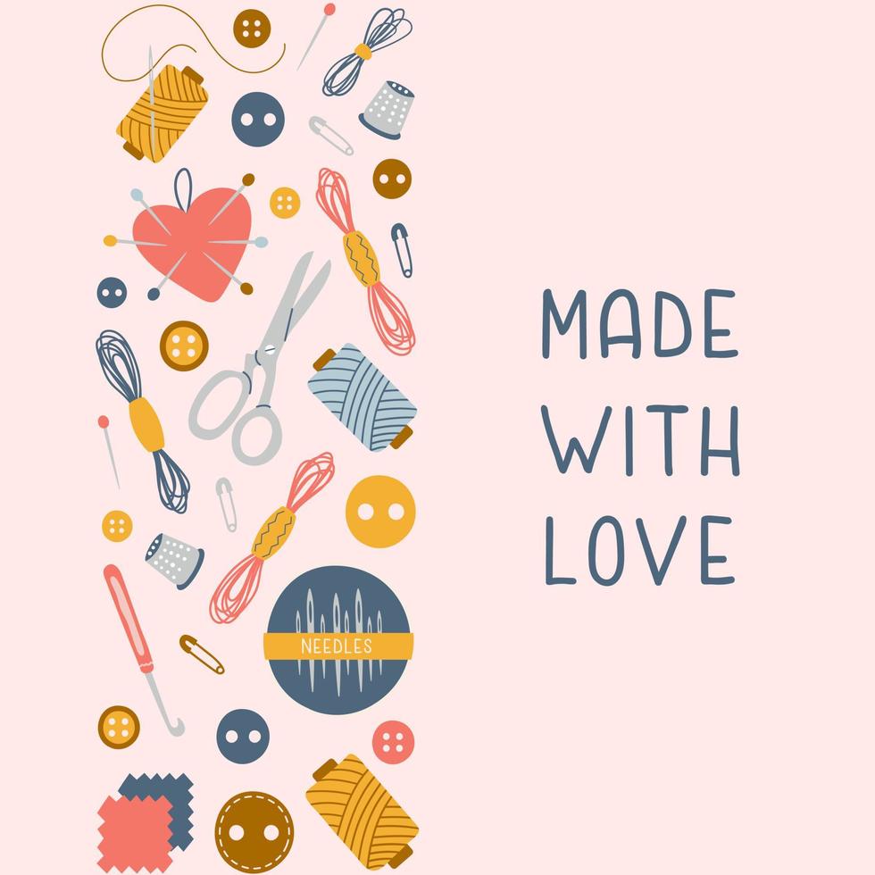 striscia di bordo verticale con strumenti per cucire disegnati a mano e testo. fatto con amore banner fatto a mano. illustrazione vettoriale alla moda
