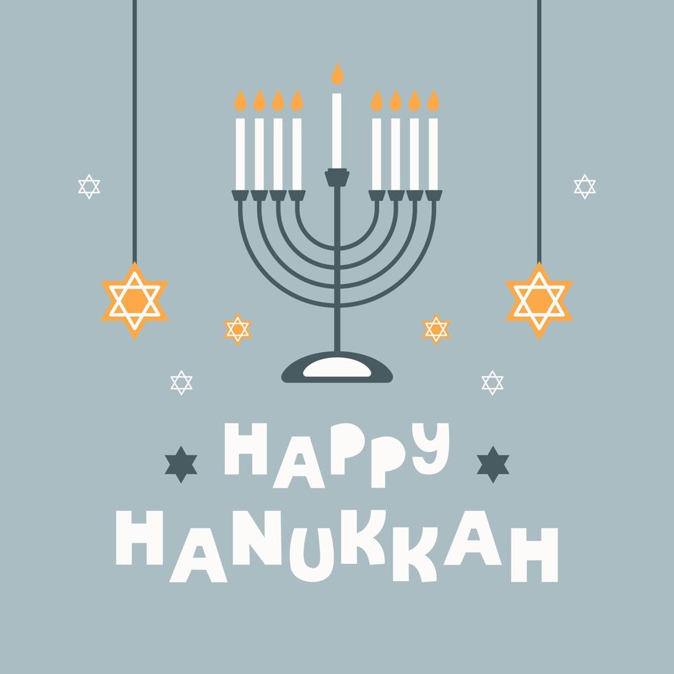 poster di hanukkah felice con simboli creativi in stile piatto. design moderno per carta, banner, tipografia. illustrazione vettoriale