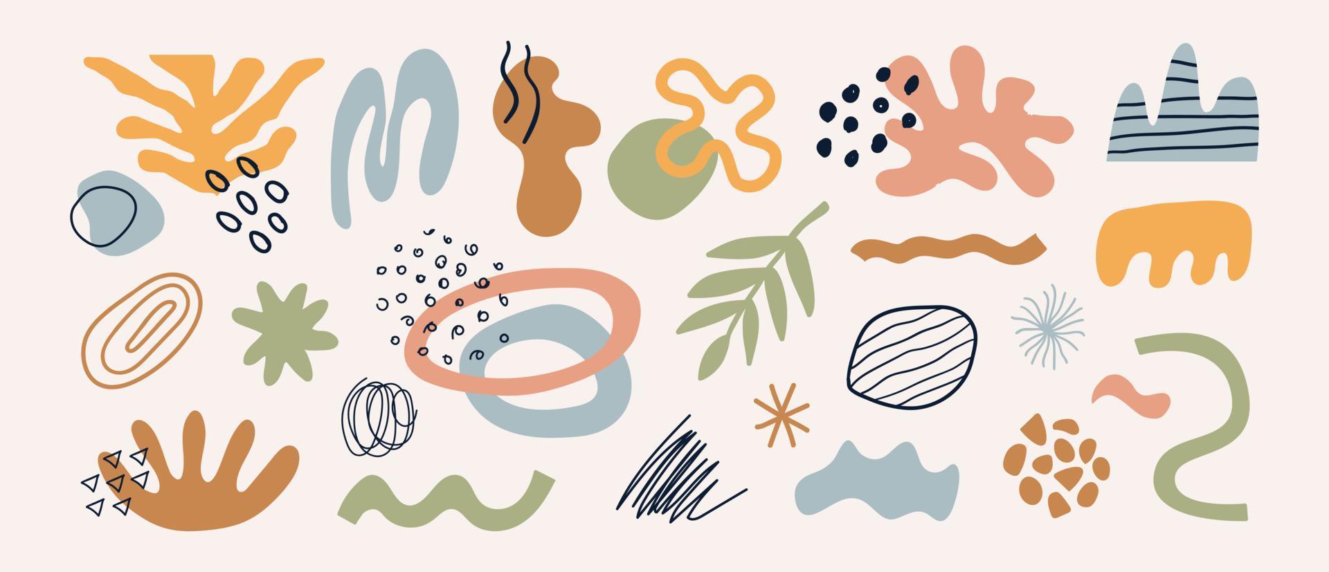 set moderno di diverse forme, piante, elementi tropicali e oggetti doodle disegnati a mano. disegno vettoriale astratto contemporaneo alla moda. illustrazione organica naturale
