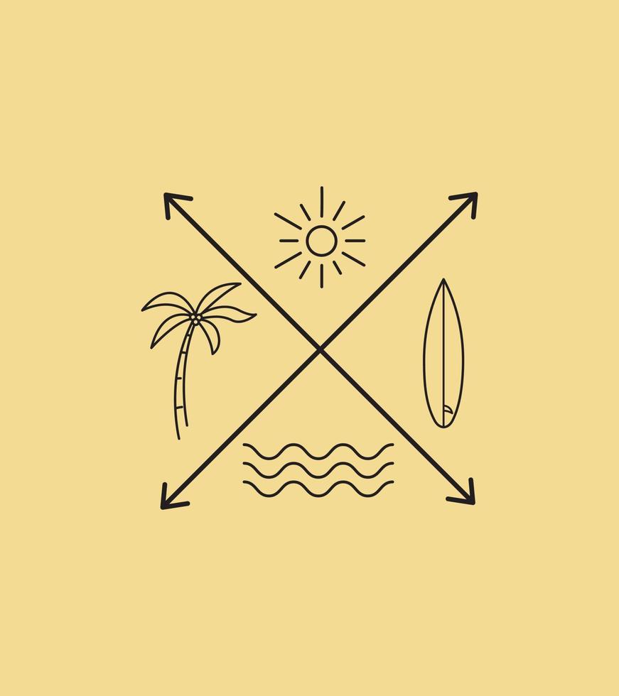 i quattro elementi sono onde, tavola da surf, palma e sole vettore