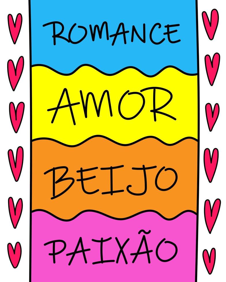 lettere d'amore digitali colorate portoghesi brasiliane. perfetto per il tuo amore. traduzione - romanticismo, amore, bacio, passione vettore