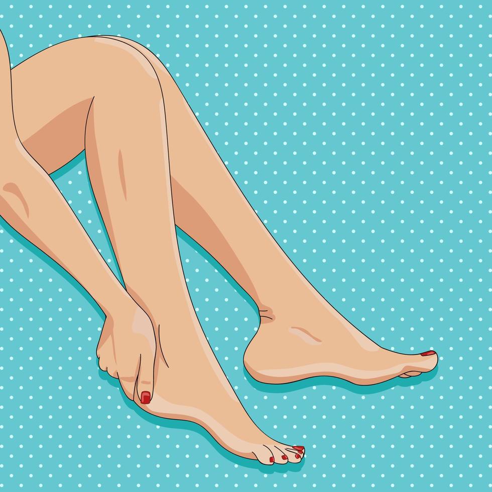 illustrazione vettoriale di snelle gambe femminili, seduta a piedi nudi, si