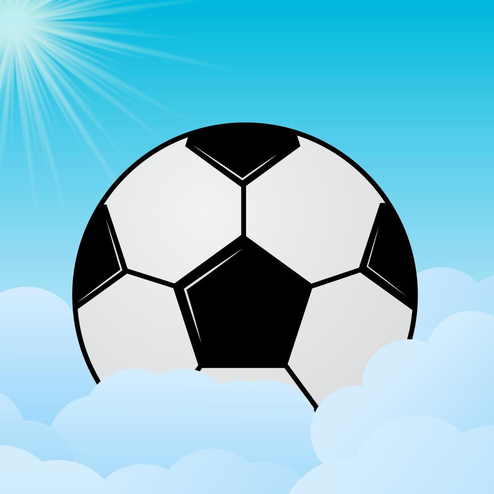 pallone da calcio che fa capolino da dietro le nuvole. cielo azzurro e sole. concetto di calcio. illustrazione vettoriale di sport. stile di vita e attività sane. modello facile da modificare.