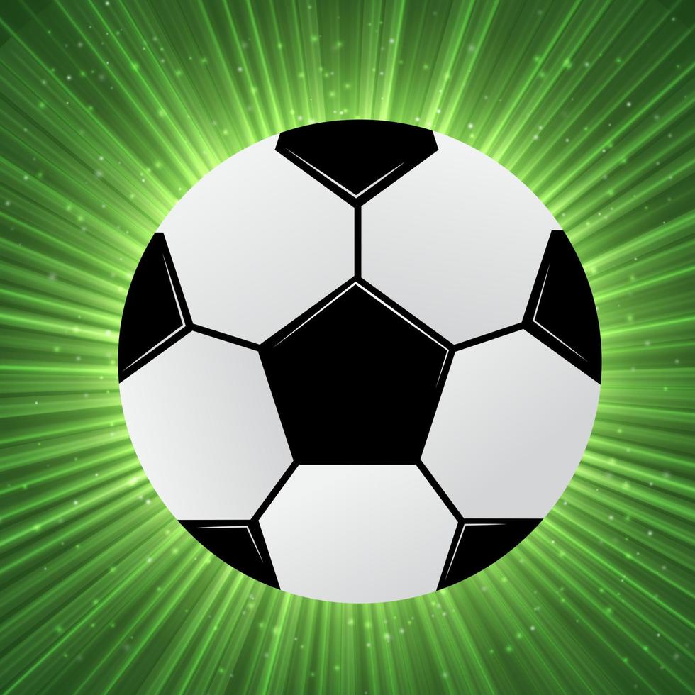 pallone da calcio su uno sfondo verde brillante con raggi di luce. striscione di calcio. concetto di stile di vita sano, sport e attività. vettore