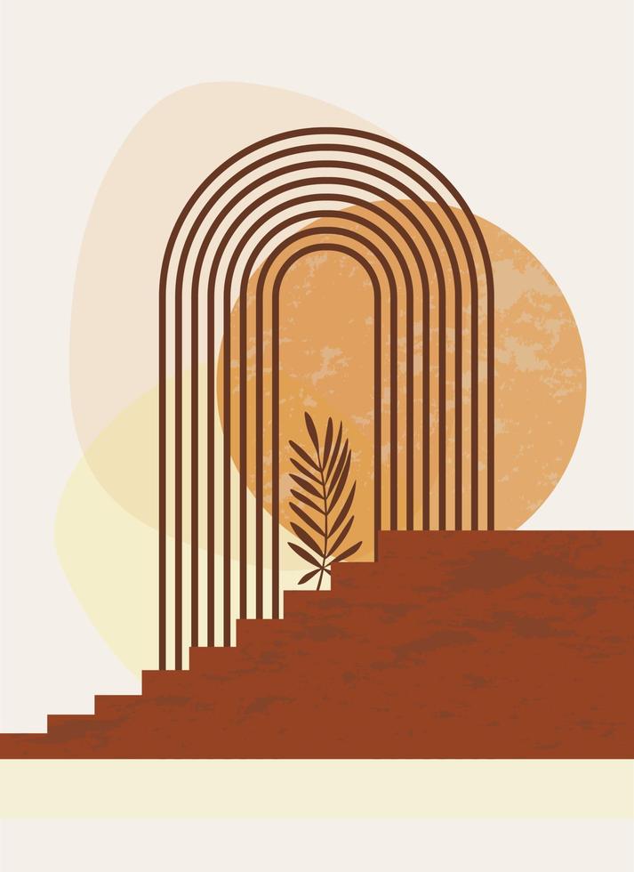 composizione astratta moderna. poster in stile boho minimalista. foglia di palma, arcobaleno. arco naturale di linee e cerchio solare. colori terracotta vettore