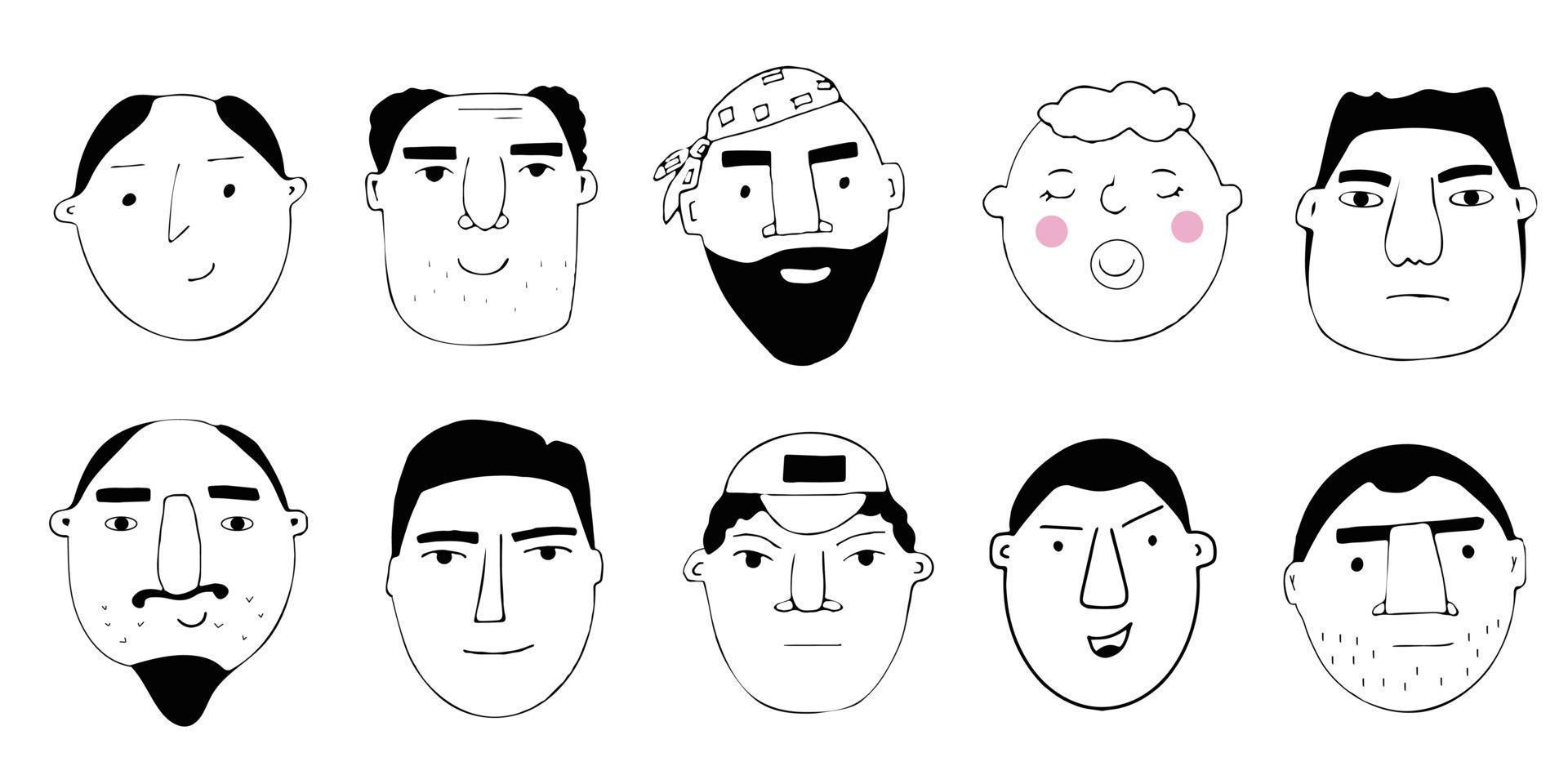 insieme vettoriale di ritratti di persone. personaggi dei cartoni animati divertenti uomini minimalisti di età diverse. disegni di volti maschili con diverse emozioni e stati d'animo. avatar per i social network