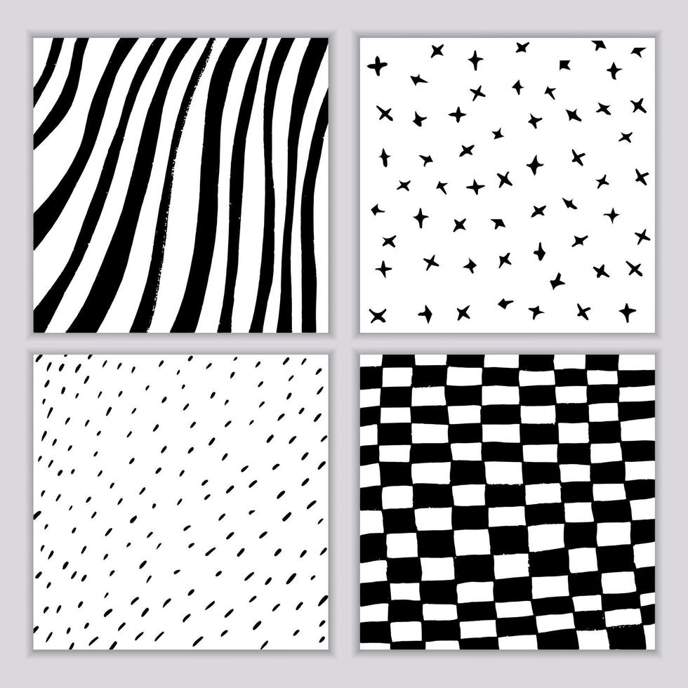 insieme di motivi geometrici di elementi disegnati a mano. sfondo vettoriale di strisce, punti, cerchi in nero su sfondo bianco. design moderno e minimalista