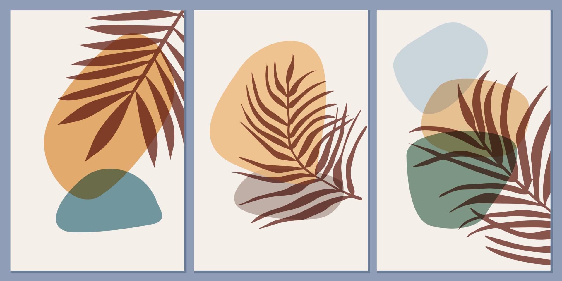 set di modelli con una composizione astratta di forme semplici e foglie di palma tropicali. stile collage, minimalismo. vettore