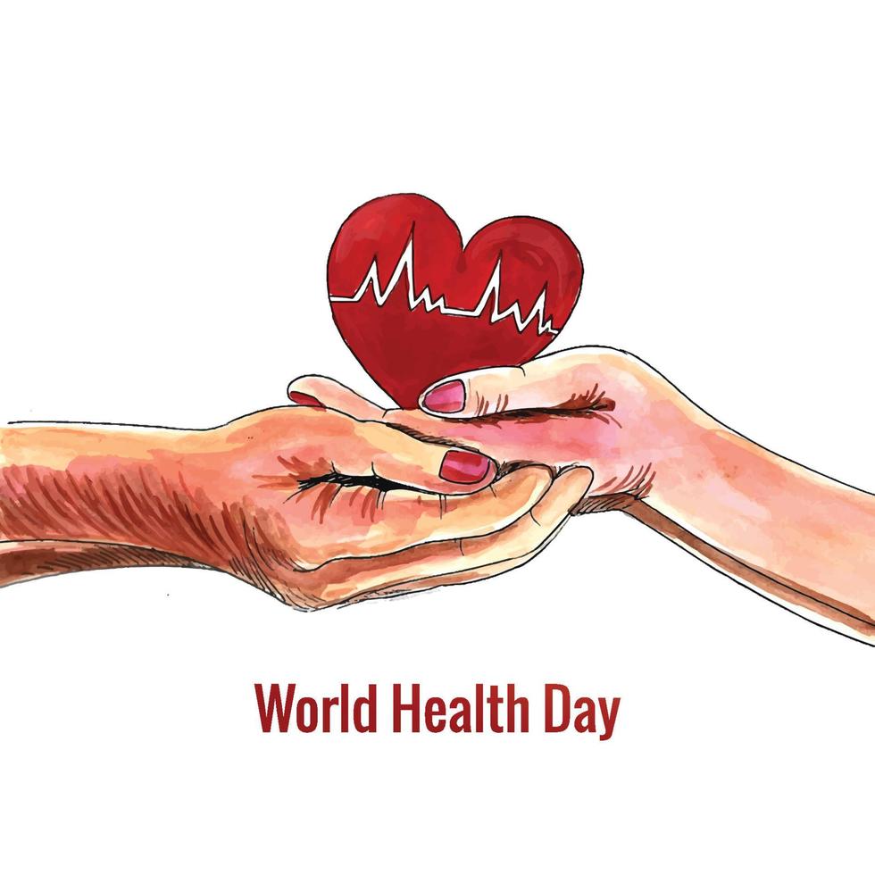 mani per adulti della giornata mondiale della salute che tengono il disegno del cuore rosso vettore