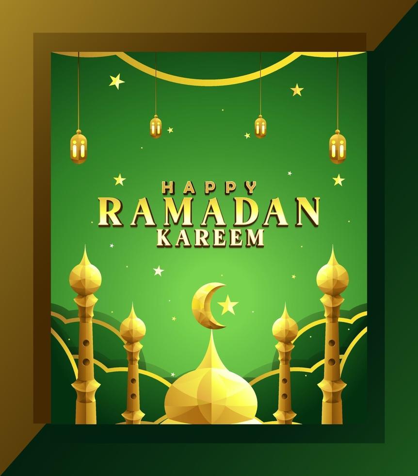 disegna un poster o un invito del ramadan kareem con una combinazione di colori oro, moschea, falce di luna, lanterna, stella, minareto su uno sfondo verde sfumato. vettore