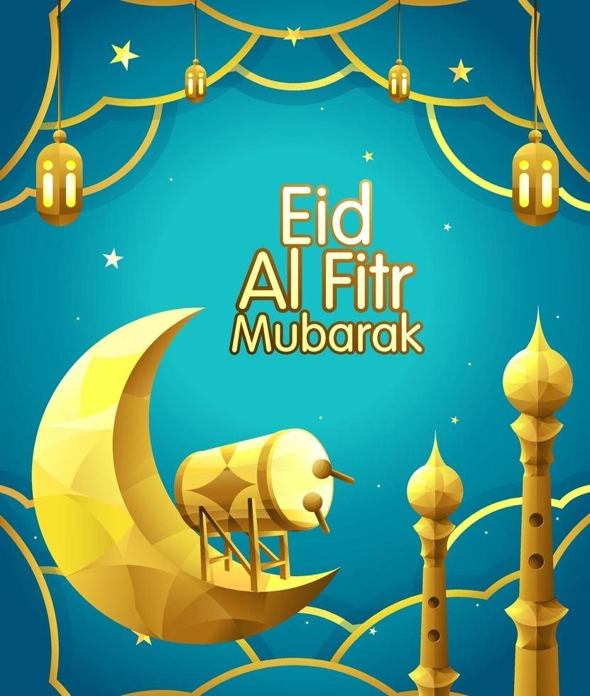 eid mubarak illustrazione vettoriale con falce di luna dorata, tamburo e lanterna su sfondo blu sfumato nuvola e cielo.