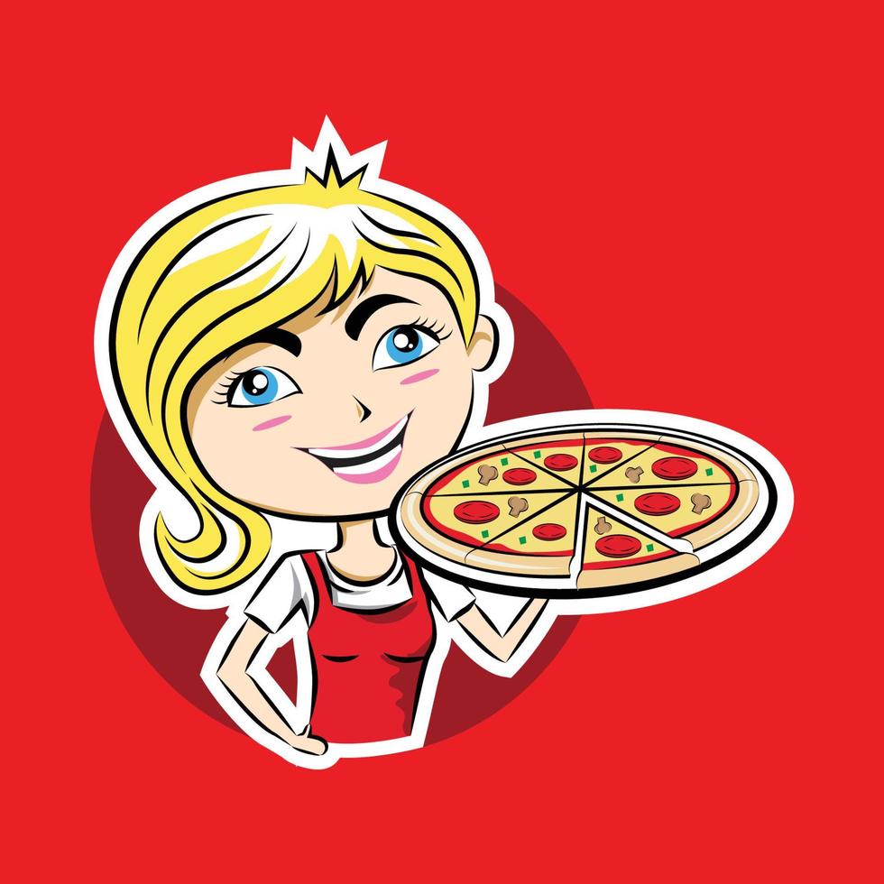lo chef donna serve pizza italiana sulla sua mano vettore