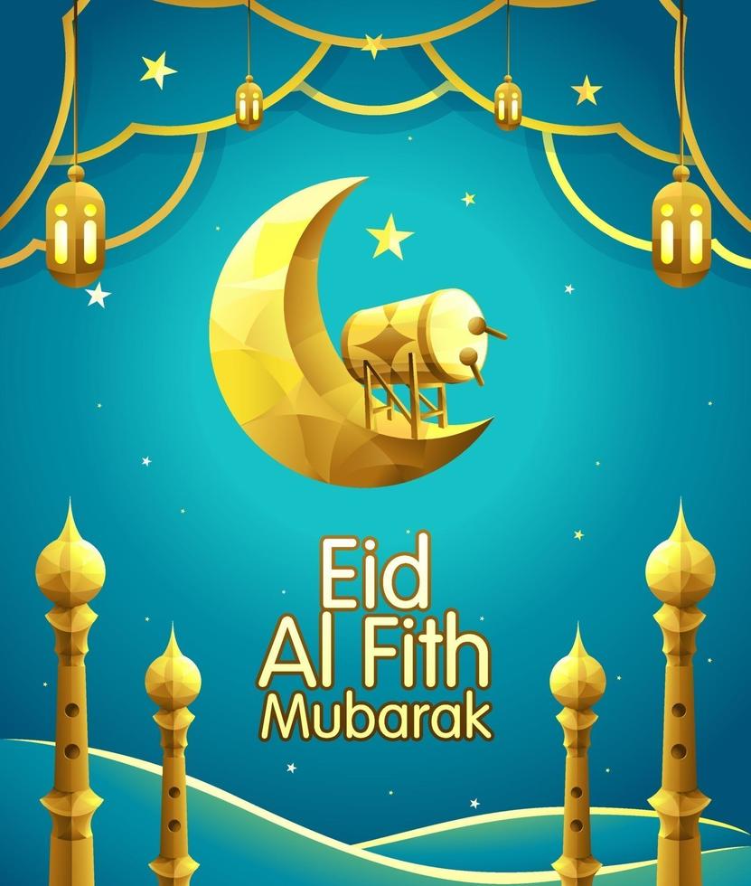 illustrazione vettoriale di eid con falce di luna dorata, tamburo e lanterna su nuvole sfumate blu.