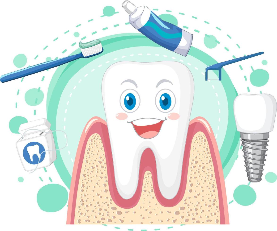 dente felice con attrezzature per la pulizia dentale vettore