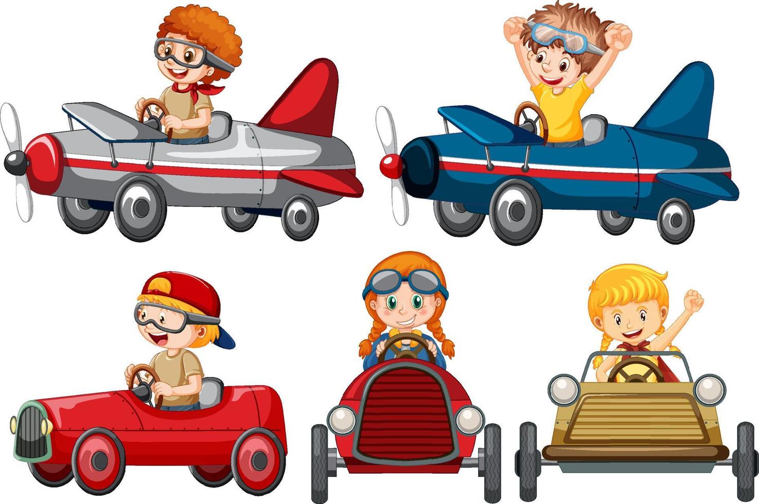 set di bambini diversi in auto giocattolo vettore