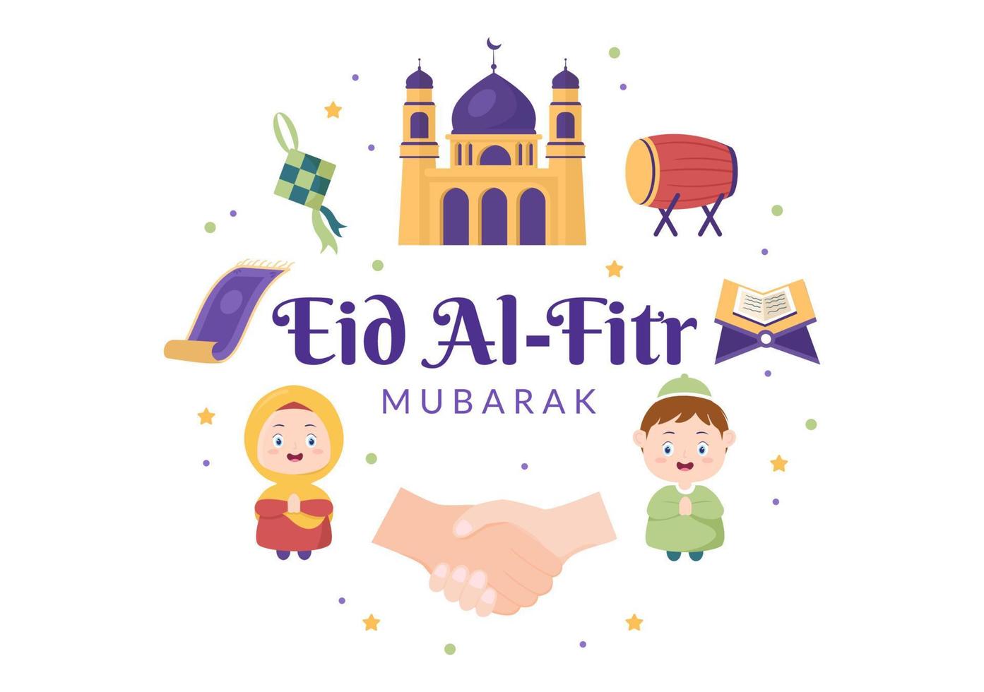 felice eid ul-fitr mubarak cartone animato sfondo illustrazione con immagini di moschee, ketupat, bedug e altri adatti per poster vettore