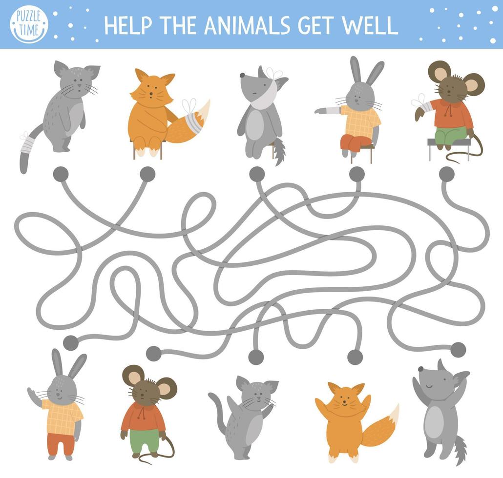 labirinto medico per bambini. attività di medicina prescolare. divertente gioco di puzzle con simpatici pazienti malati e sani. aiuta gli animali a guarire. vettore