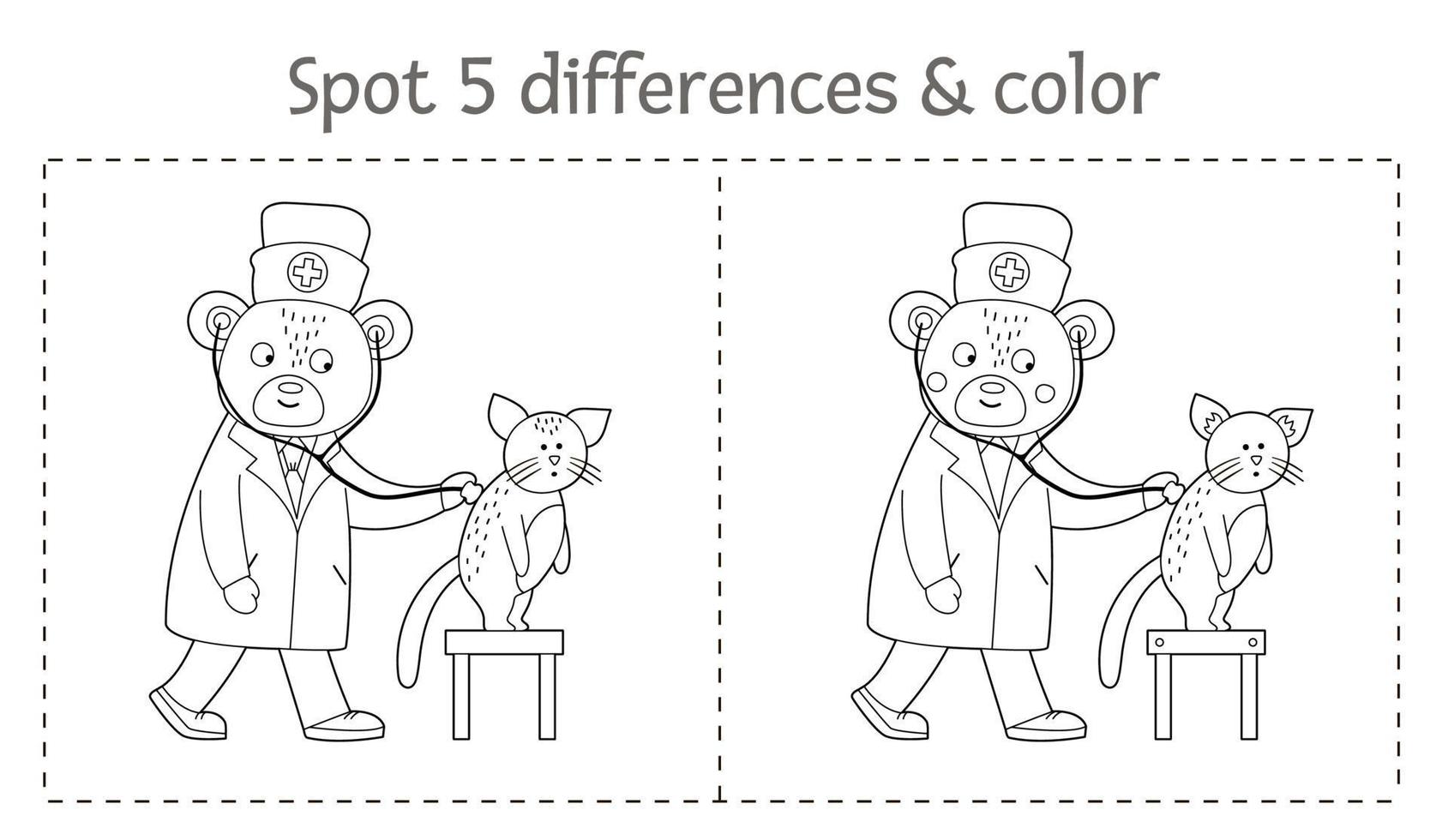 gioco di differenze di ricerca medica e pagina da colorare per bambini. attività prescolare di medicina con medico che esamina i polmoni dei pazienti. puzzle con simpatici personaggi sorridenti divertenti. vettore