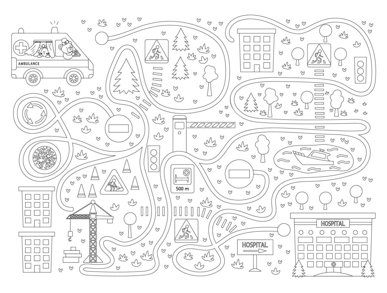 labirinto medico per bambini su sfondo nero. attività di medicina prescolare. divertente gioco di puzzle con simpatica auto di emergenza e clinica. aiutare l'ambulanza a raggiungere l'ospedale. vettore