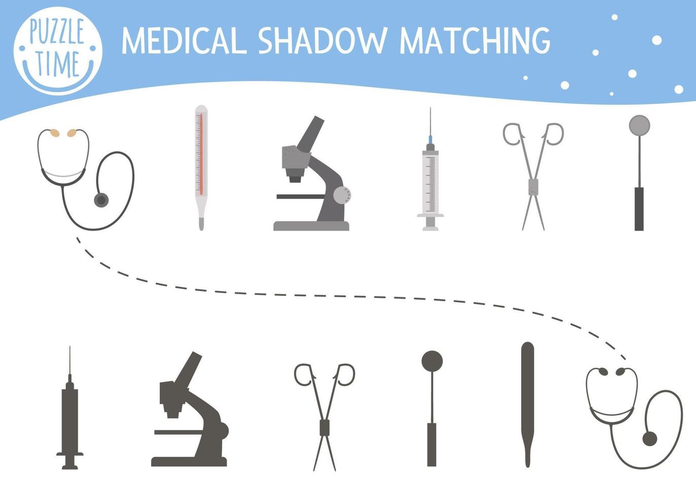 attività di corrispondenza delle ombre per bambini con attrezzature mediche. puzzle prescolare di medicina o assistenza sanitaria. simpatico indovinello educativo per il controllo della salute. trova il gioco di silhouette corretto. vettore