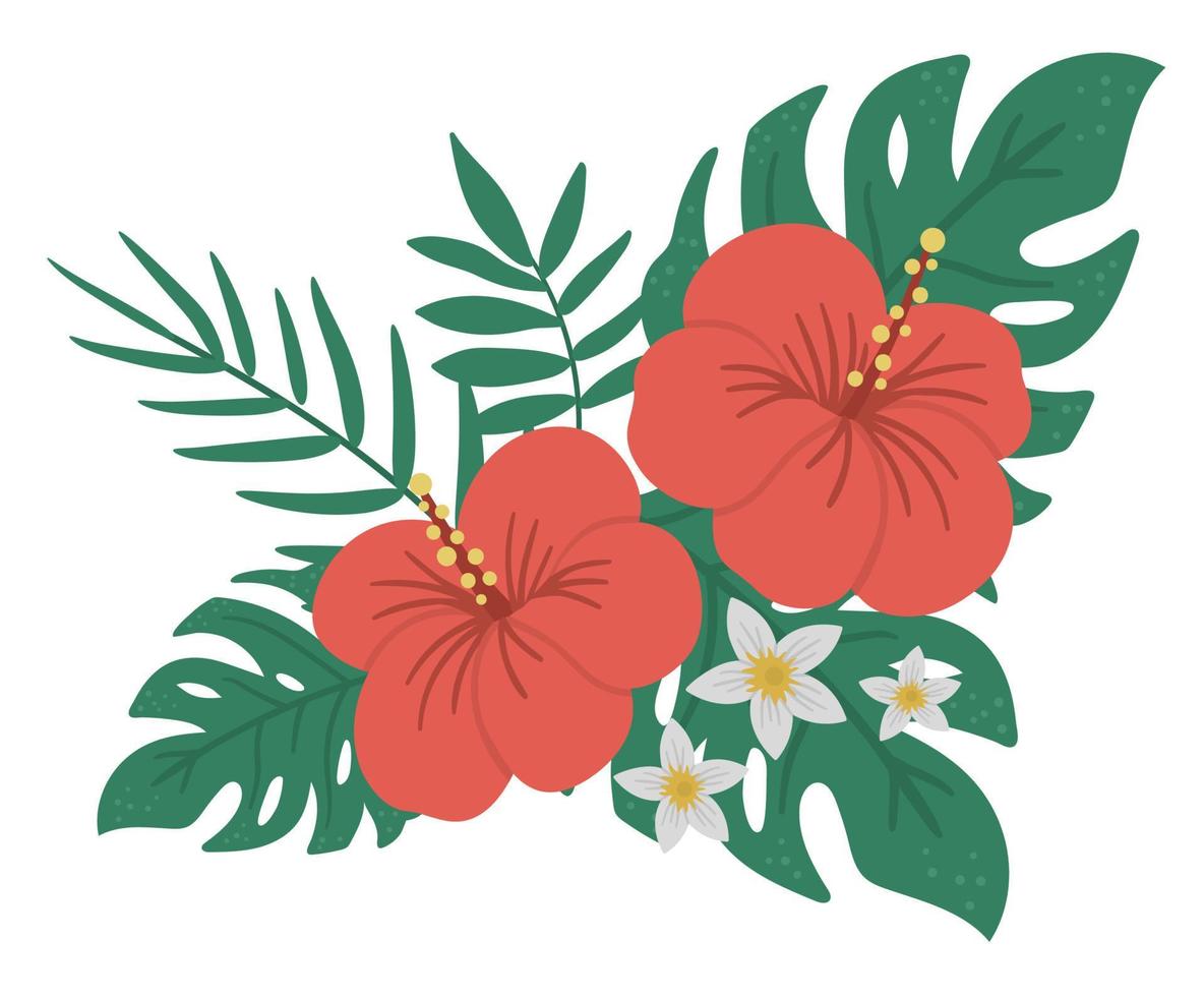 composizione tropicale vettoriale con ibisco rosso, monstera, foglie di palma e fiori bianchi isolati su sfondo bianco. elemento di design esotico in stile piatto luminoso. ClipArt floreali estive