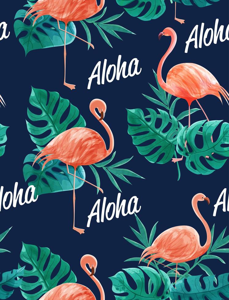modello dell'acquerello di fenicotteri, foglie e aloha testo vettore