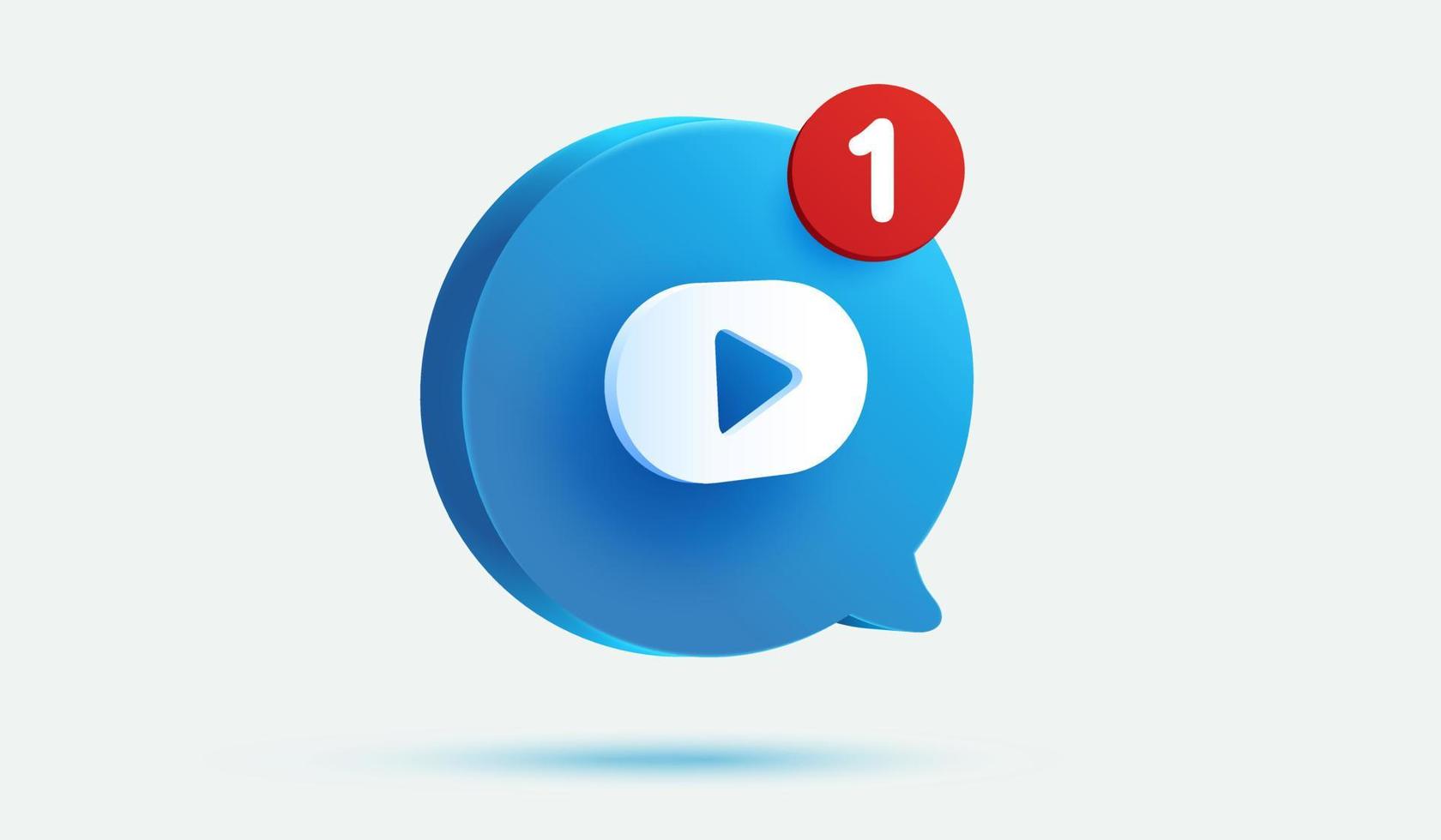 bolla di messaggio blu con pulsante di riproduzione video icona vettore 3d. segno del lettore multimediale o simbolo di iscrizione. icona di notifica con il concetto di messaggio di allarme numero. fumetto sullo sfondo