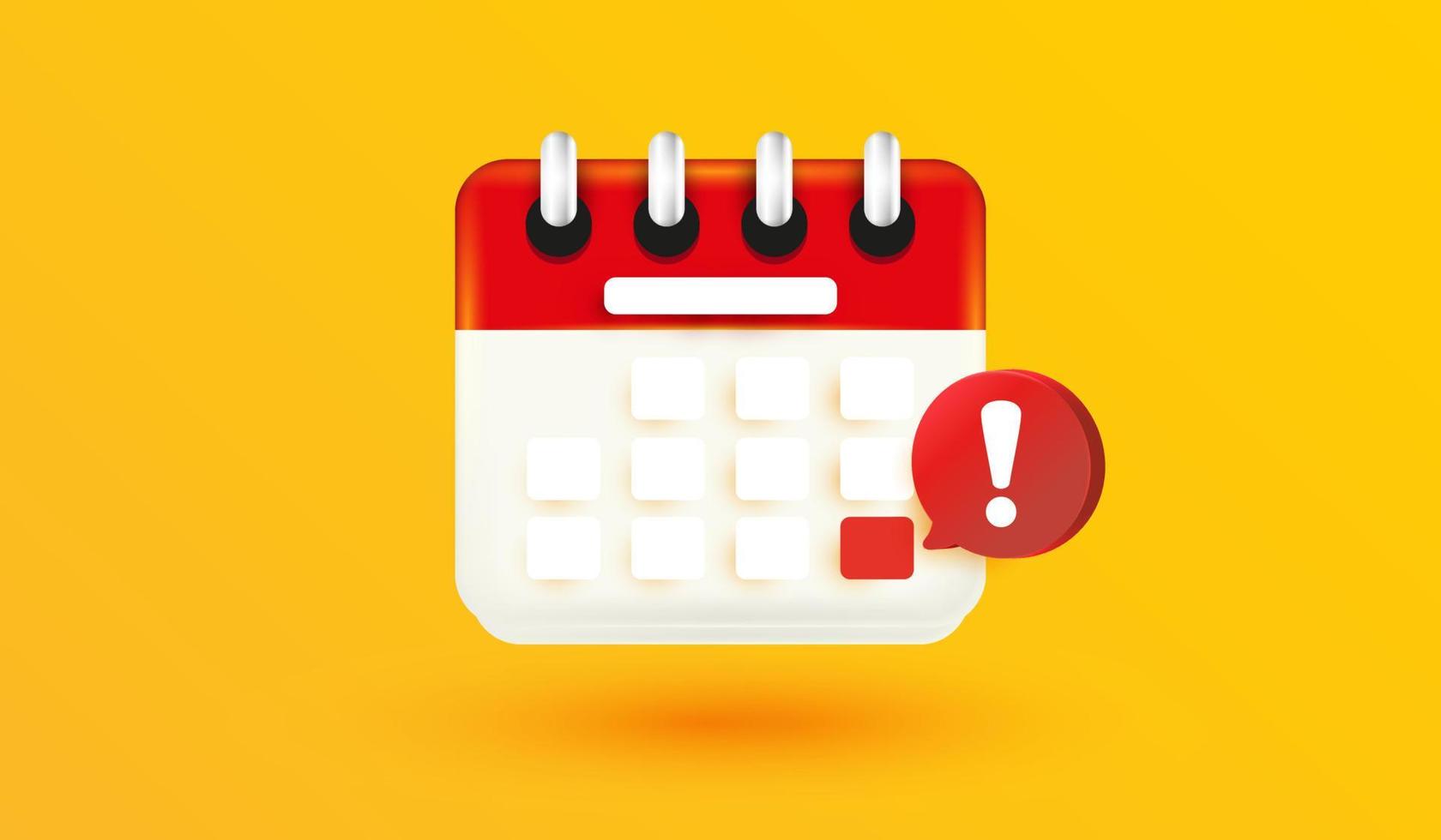 notifica di scadenza del calendario o promemoria dell'evento. simbolo dell'agenda e notifica di avviso della data con la data di pianificazione del giorno importante selezionata per il messaggio di avviso e di affari isolato stile vettoriale 3d