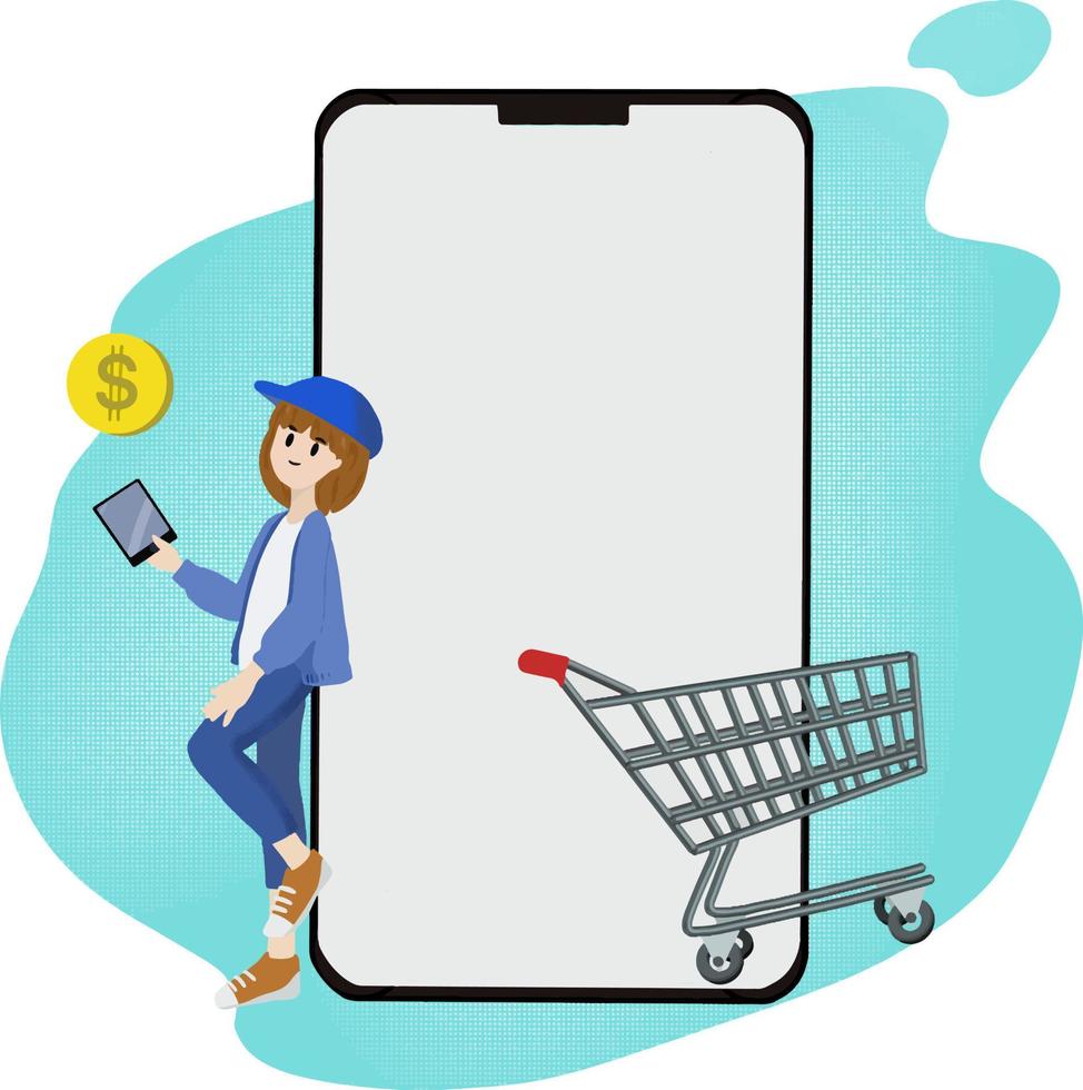 concetto di pagamento elettronico di e-commerce di carattere design piatto. illustrazione vettoriale cartone animato isolato su sfondo bianco. smartphone negozio di mercato mobile con carrello. le persone acquistano il web digitale online.